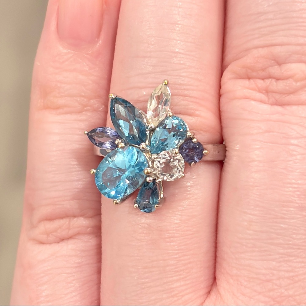 Vintage 10K Blue Topaz Cluster Ring White Gold Abstract Oval Marquis Iolite 6.25 - Picture 6 of 16